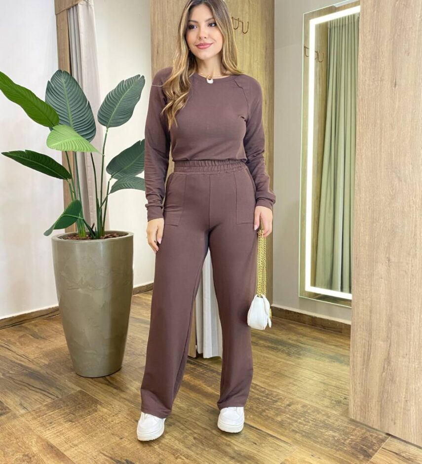 Conjunto Moletinho Pérola Blusa Manga Longa e Calça Chocolate - Fernanda Ramos Store