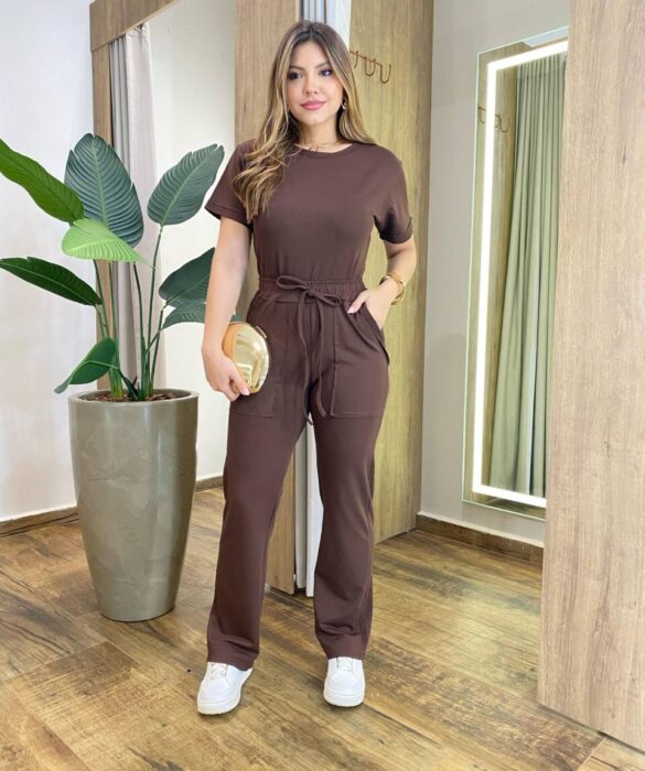 Conjunto Moletinho Vania Blusa Manga Curta e Calça Marrom - Fernanda Ramos Store
