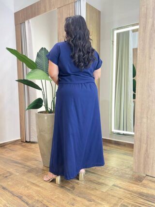 Conjunto Viscolinho Plus Blusa Manga Curta e Saia Longa Azul - Fernanda Ramos Store