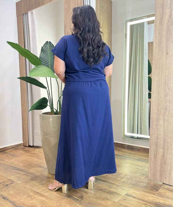 Conjunto Viscolinho Plus Blusa Manga Curta e Saia Longa Azul - Fernanda Ramos Store