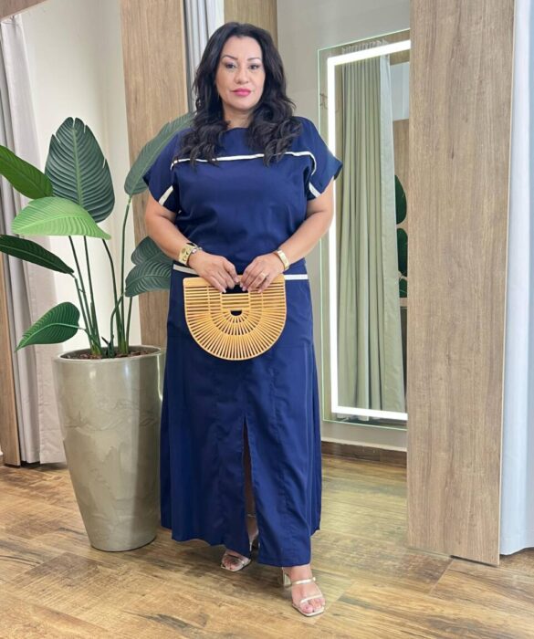 Conjunto Viscolinho Plus Blusa Manga Curta e Saia Longa Azul - Fernanda Ramos Store