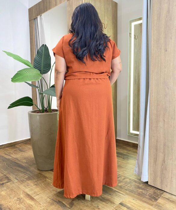 Conjunto Viscolinho Plus Blusa Manga Curta e Saia Longa TerraCota - Fernanda Ramos Store
