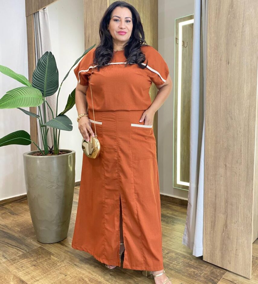 Conjunto Viscolinho Plus Blusa Manga Curta e Saia Longa TerraCota - Fernanda Ramos Store