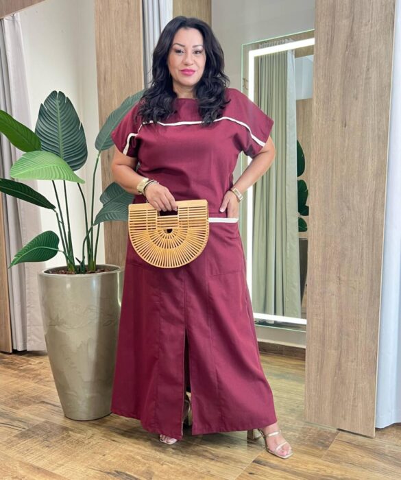 Conjunto Viscolinho Plus Blusa Manga Curta e Saia Longa Vinho - Fernanda Ramos Store
