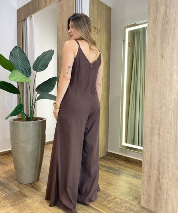 Macacão Feminino Longo Sandra sem Bojo Alça Fina e Zíper Marrom - Fernanda Ramos Store