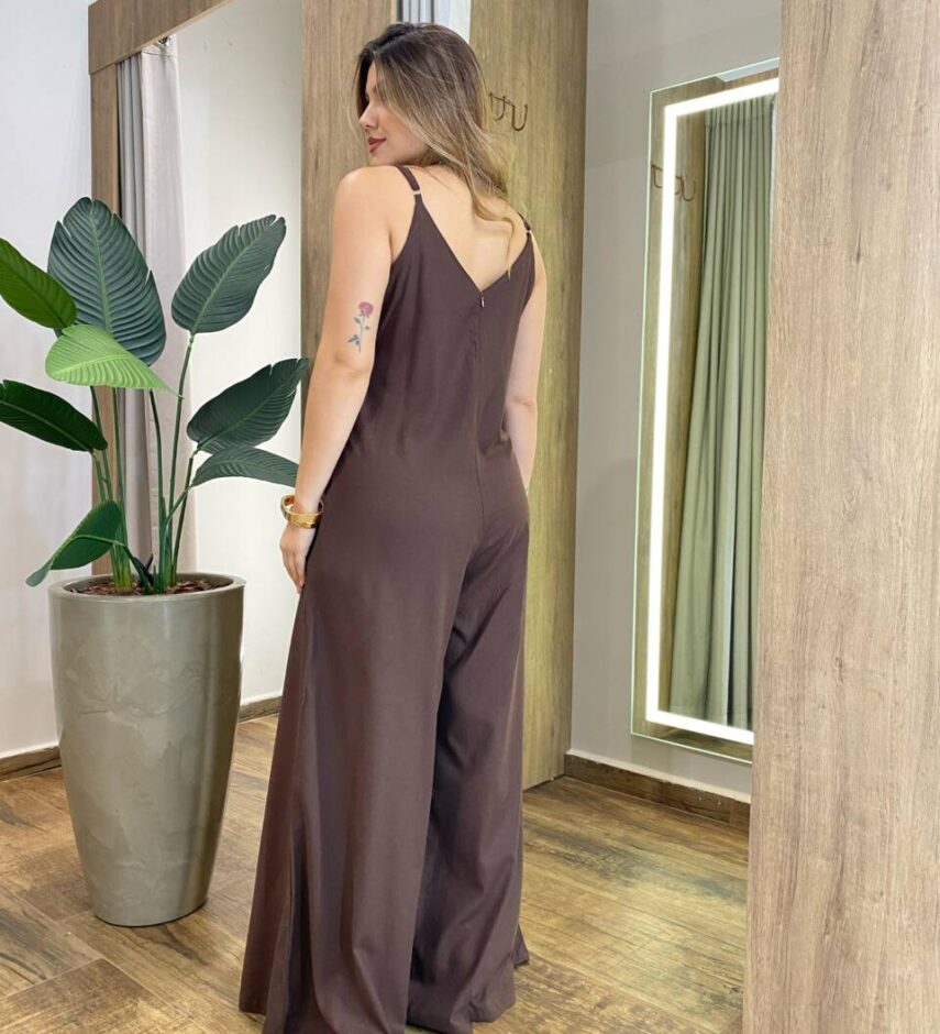 Macacão Feminino Longo Sandra sem Bojo Alça Fina e Zíper Marrom - Fernanda Ramos Store
