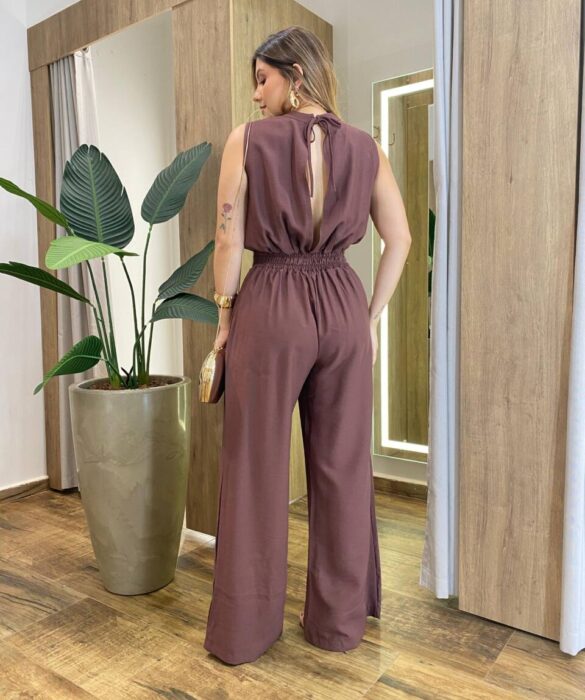 Macacão Feminino Longo Teresa sem Bojo Amarração e Lastex Marrom - Fernanda Ramos Store