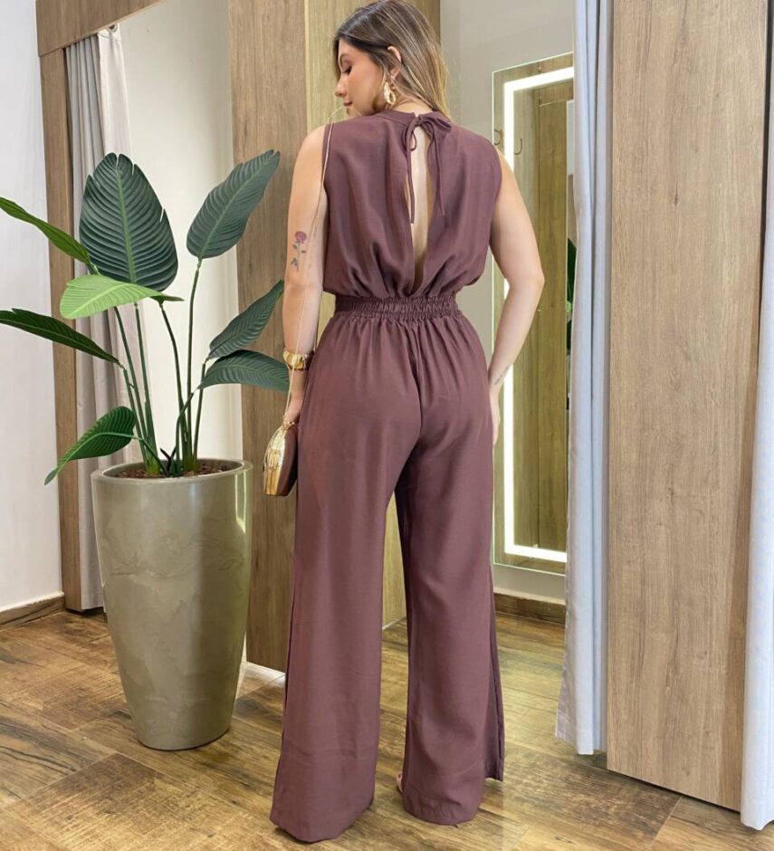 Macacão Feminino Longo Teresa sem Bojo Amarração e Lastex Marrom - Fernanda Ramos Store