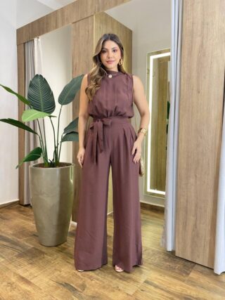 Macacão Feminino Longo Teresa sem Bojo Amarração e Lastex Marrom - Fernanda Ramos Store