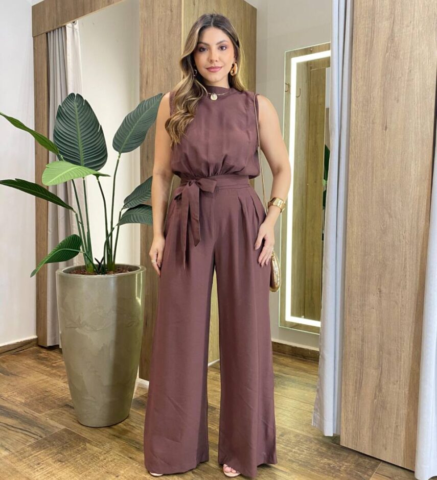 Macacão Feminino Longo Teresa sem Bojo Amarração e Lastex Marrom - Fernanda Ramos Store