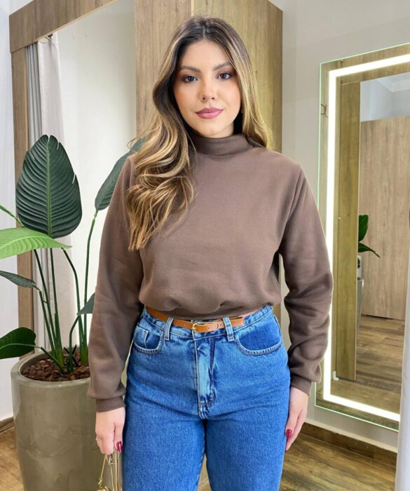 Moletom Flanelado Cropped com Gola Marrom - Fernanda Ramos Store