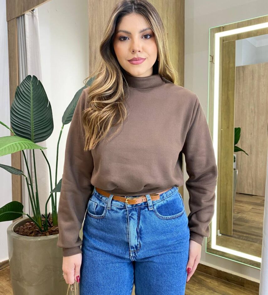 Moletom Flanelado Cropped com Gola Marrom - Fernanda Ramos Store