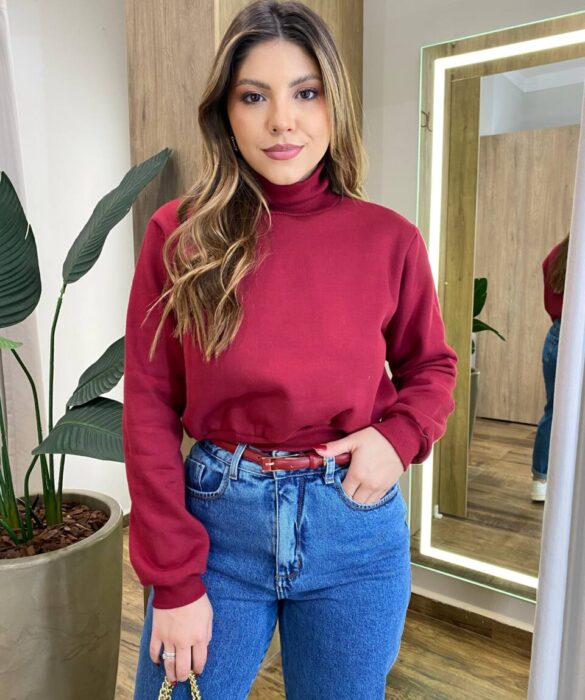 Moletom Flanelado Cropped com Gola Marsala - Fernanda Ramos Store