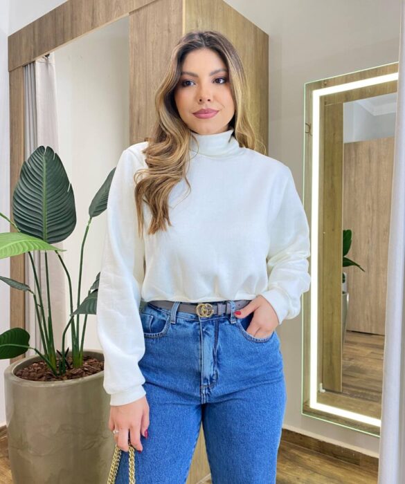 Moletom Flanelado Cropped com Gola Off White - Fernanda Ramos Store