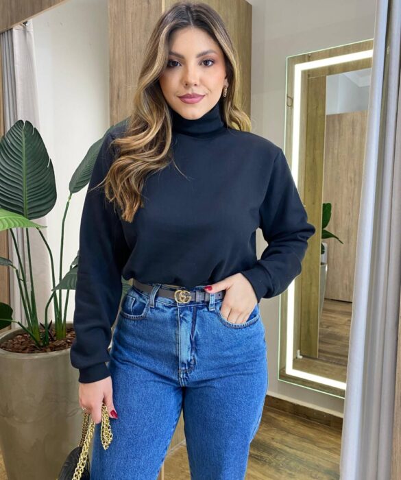 Moletom Flanelado Cropped com Gola Preto - Fernanda Ramos Store