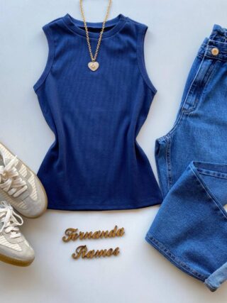 Regata Feminina Canelada Mary Azul Marinho - Fernanda Ramos Store