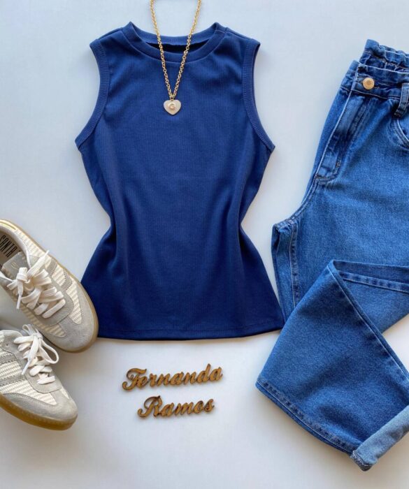 Regata Feminina Canelada Mary Azul Marinho - Fernanda Ramos Store
