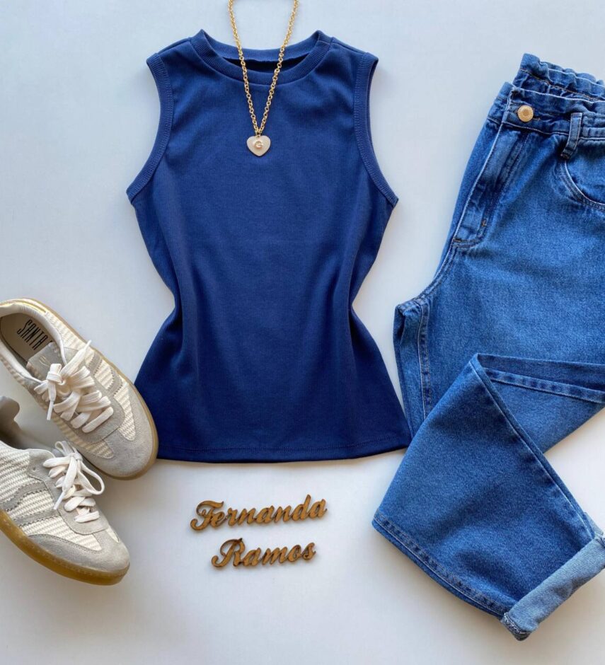 Regata Feminina Canelada Mary Azul Marinho - Fernanda Ramos Store