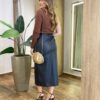 Saia Midi Couro Eco Sindy Fenda Frontal e Zíper Preta - Fernanda Ramos Store