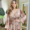 Vestido Amélia Longo sem Bojo Lastex no Punho Estampado Marrom - Fernanda Ramos Store