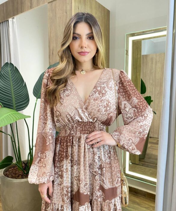 Vestido Amélia Longo sem Bojo Lastex no Punho Estampado Marrom - Fernanda Ramos Store