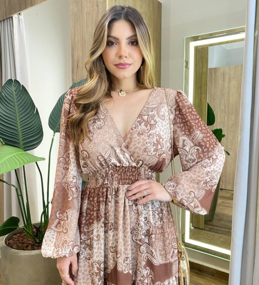 Vestido Amélia Longo sem Bojo Lastex no Punho Estampado Marrom - Fernanda Ramos Store