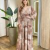 Vestido Amélia Longo sem Bojo Lastex no Punho Estampado Marrom - Fernanda Ramos Store