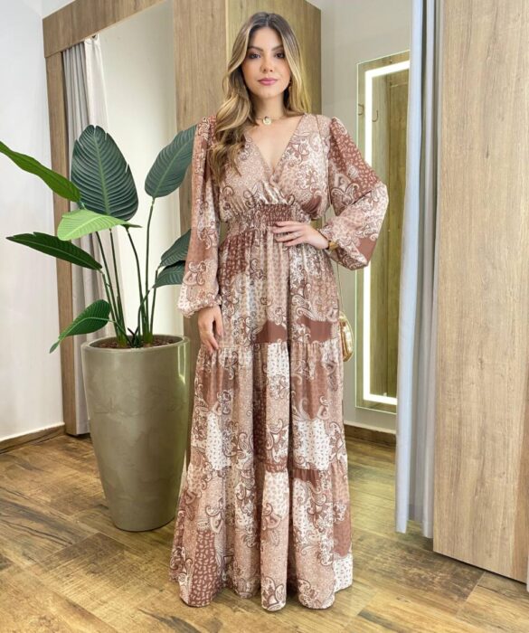 Vestido Amélia Longo sem Bojo Lastex no Punho Estampado Marrom - Fernanda Ramos Store