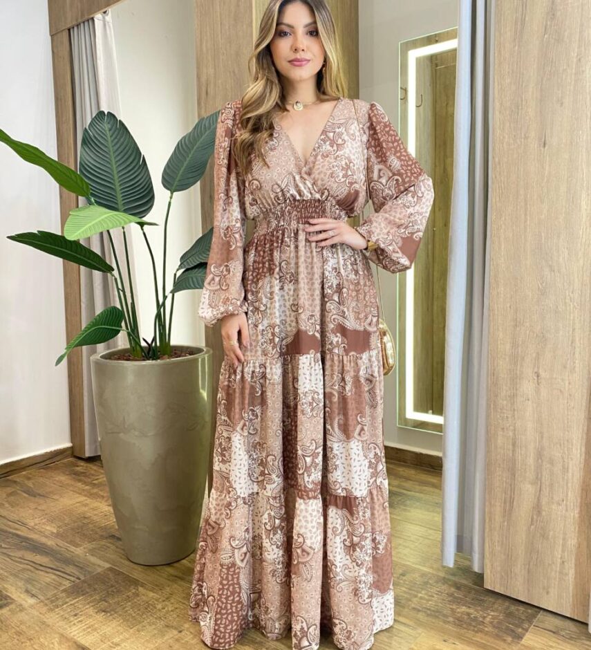 Vestido Amélia Longo sem Bojo Lastex no Punho Estampado Marrom - Fernanda Ramos Store