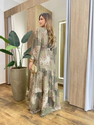 Vestido Amélia Longo sem Bojo Lastex no Punho Estampado Verde - Fernanda Ramos Store