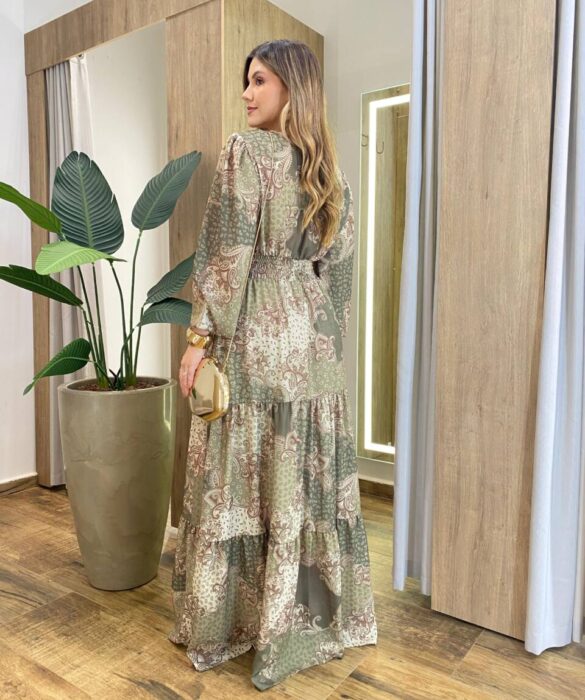 Vestido Amélia Longo sem Bojo Lastex no Punho Estampado Verde - Fernanda Ramos Store