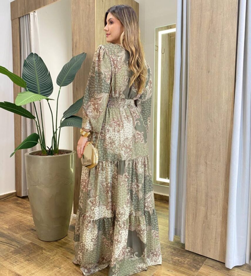 Vestido Amélia Longo sem Bojo Lastex no Punho Estampado Verde - Fernanda Ramos Store