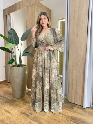 Vestido Amélia Longo sem Bojo Lastex no Punho Estampado Verde - Fernanda Ramos Store