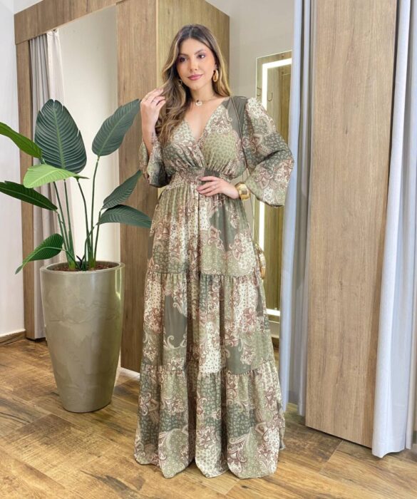 Vestido Amélia Longo sem Bojo Lastex no Punho Estampado Verde - Fernanda Ramos Store