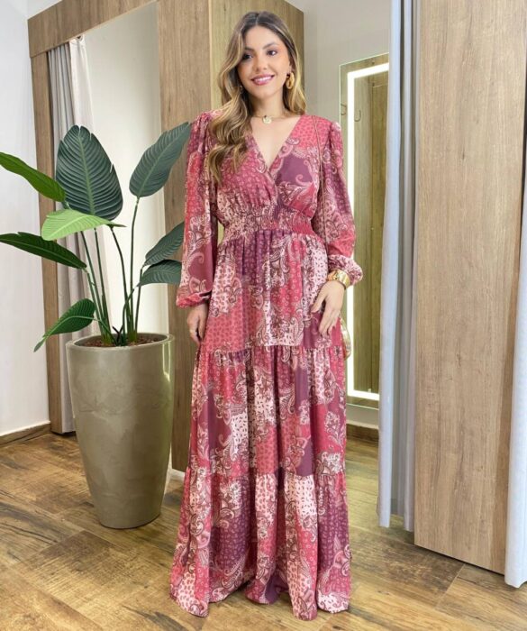 Vestido Amélia Longo sem Bojo Lastex no Punho Estampado Vinho - Fernanda Ramos Store