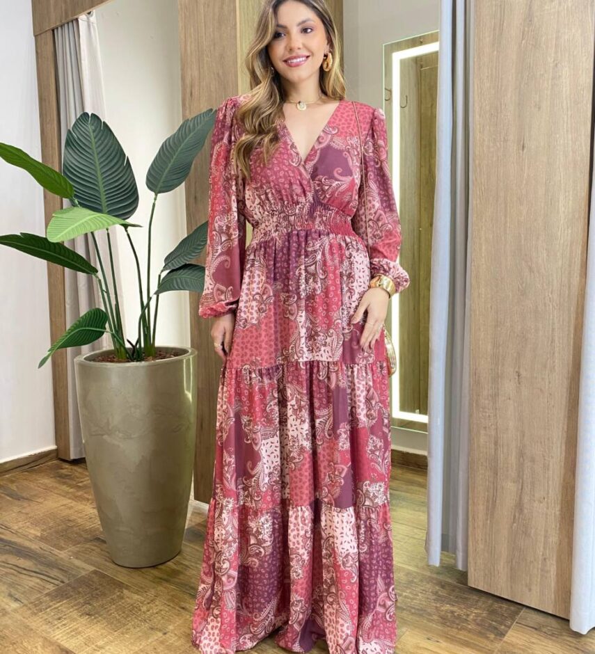 Vestido Amélia Longo sem Bojo Lastex no Punho Estampado Vinho - Fernanda Ramos Store