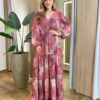 Vestido Amélia Longo sem Bojo Lastex no Punho Estampado Vinho - Fernanda Ramos Store
