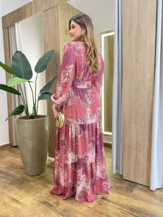 Vestido Amélia Longo sem Bojo Lastex no Punho Estampado Vinho - Fernanda Ramos Store