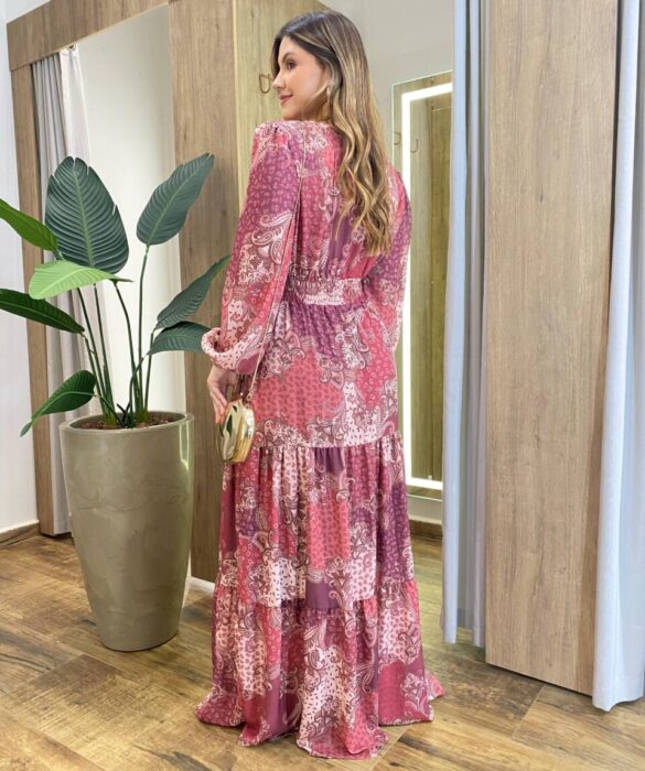 Vestido Amélia Longo sem Bojo Lastex no Punho Estampado Vinho - Fernanda Ramos Store