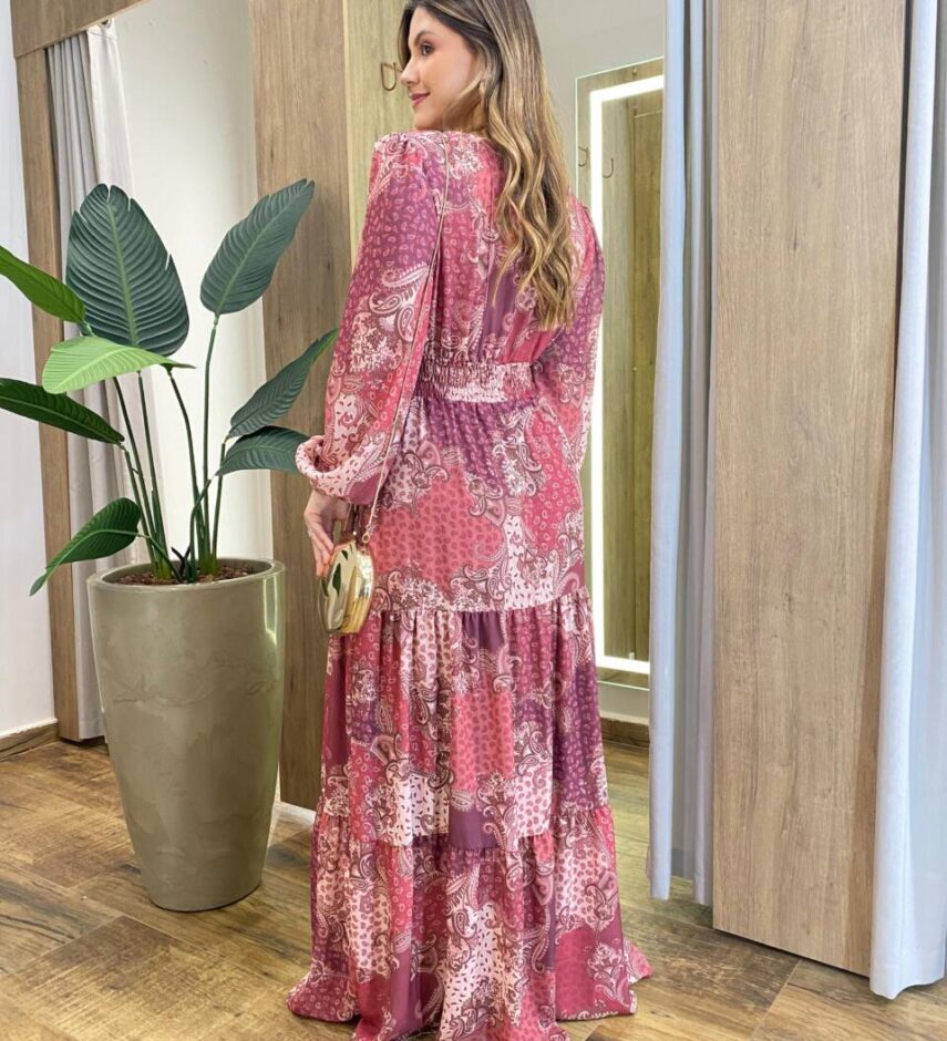 Vestido Amélia Longo sem Bojo Lastex no Punho Estampado Vinho - Fernanda Ramos Store