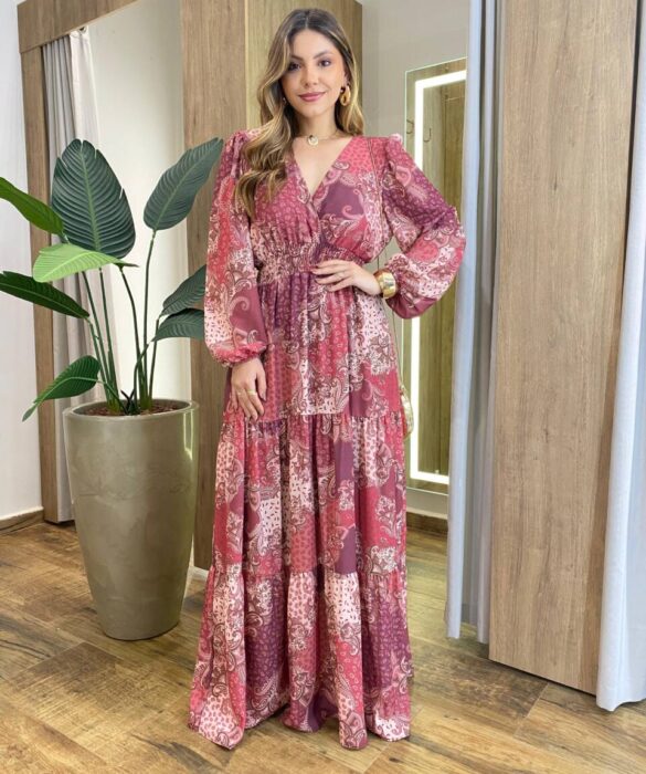 Vestido Amélia Longo sem Bojo Lastex no Punho Estampado Vinho - Fernanda Ramos Store