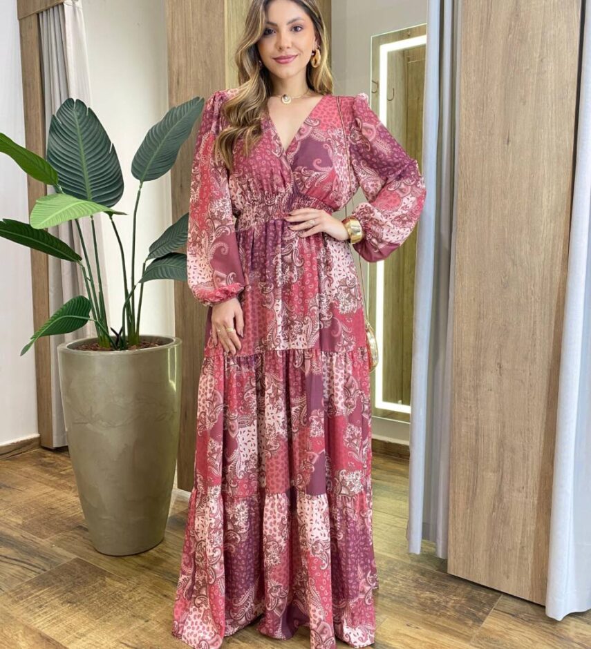 Vestido Amélia Longo sem Bojo Lastex no Punho Estampado Vinho - Fernanda Ramos Store