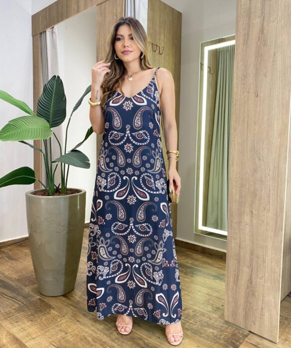 Vestido Calista sem Bojo Alça Fina Estampado Azul - Fernanda Ramos Store