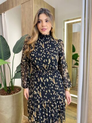 Vestido Feminino Curto Elise Manga Longa com Lastex Estampado Preto - Fernanda Ramos Store
