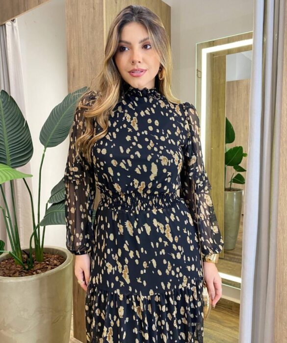 Vestido Feminino Curto Elise Manga Longa com Lastex Estampado Preto - Fernanda Ramos Store