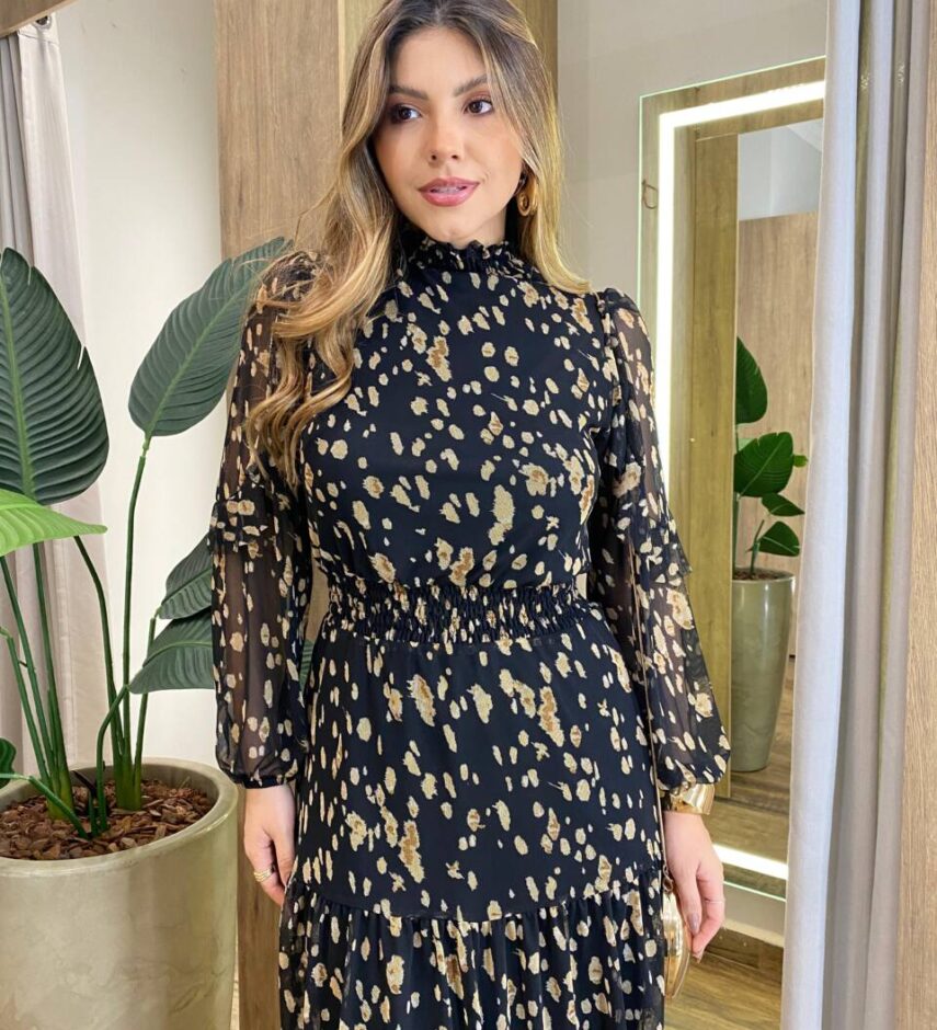 Vestido Feminino Curto Elise Manga Longa com Lastex Estampado Preto - Fernanda Ramos Store