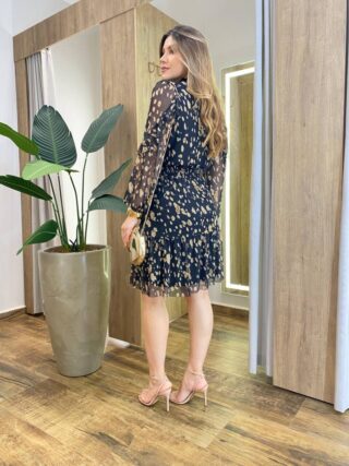 Vestido Feminino Curto Elise Manga Longa com Lastex Estampado Preto - Fernanda Ramos Store