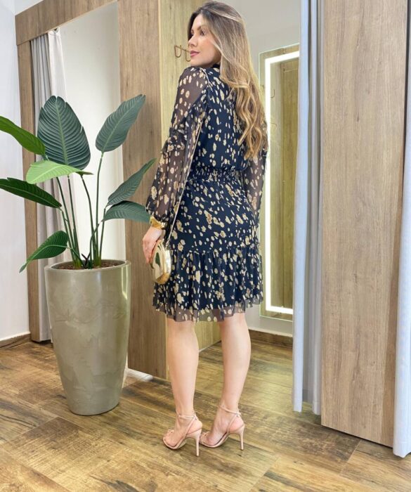 Vestido Feminino Curto Elise Manga Longa com Lastex Estampado Preto - Fernanda Ramos Store