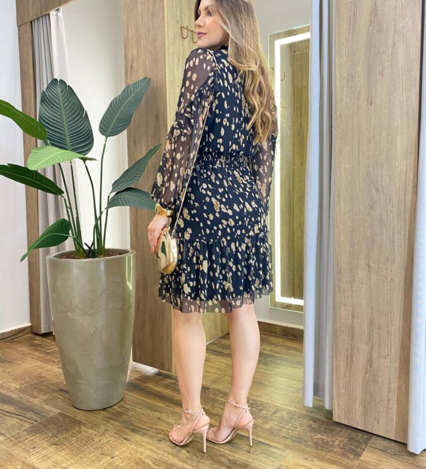 Vestido Feminino Curto Elise Manga Longa com Lastex Estampado Preto - Fernanda Ramos Store