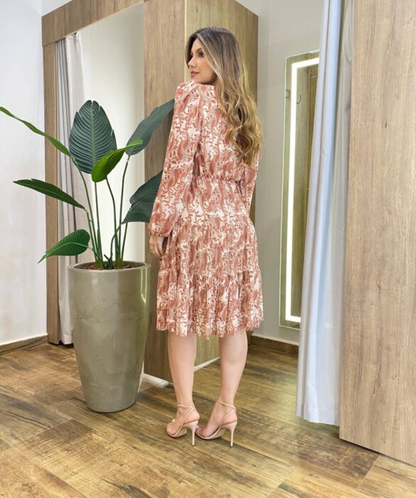 Vestido Feminino Curto Margarida Manga Longa Paisley Bege - Fernanda Ramos Store